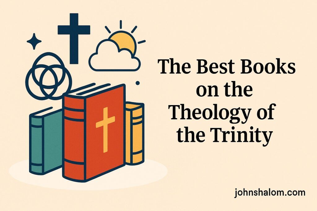 Three interlocking circles glowing with light beside an open Bible, symbolizing the mystery of the Holy Trinity.