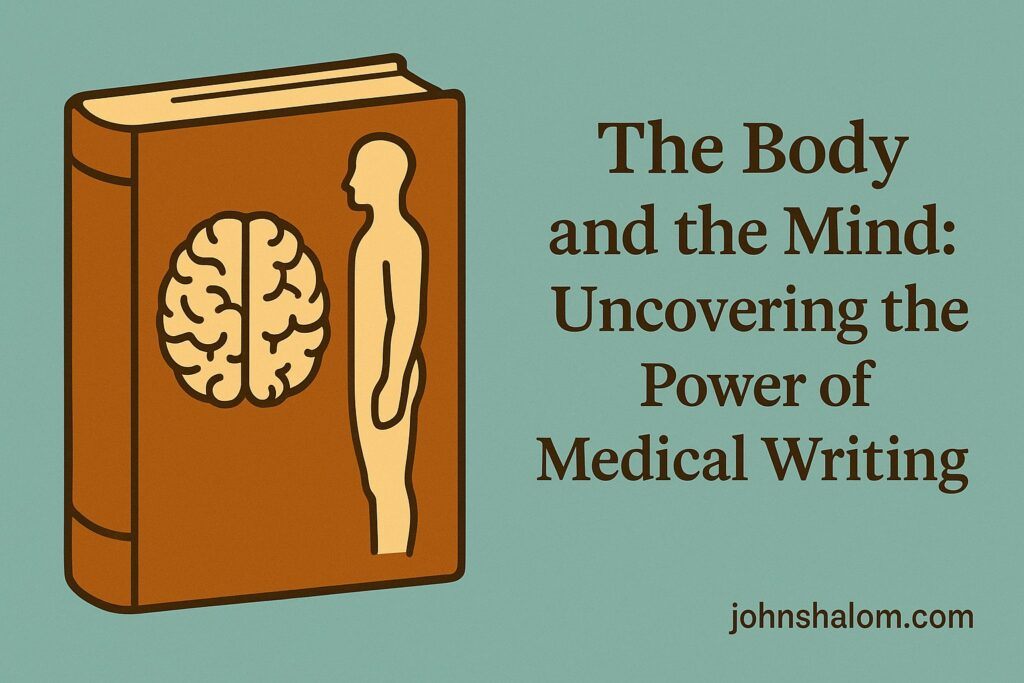 Doctor writing in a notebook beside medical charts and a stethoscope, symbolizing the link between health and storytelling.