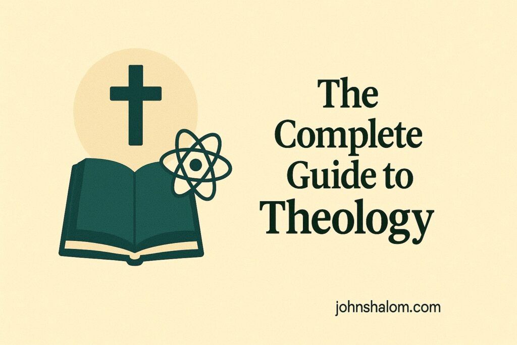 Open Bible beside theology books and a candle, symbolizing faith, knowledge, and spiritual reflection.