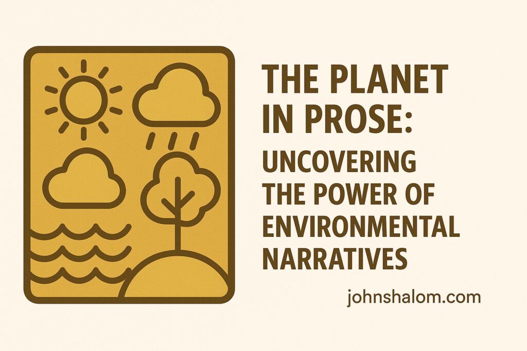 Open notebook surrounded by leaves, a globe, and sunlight, symbolizing storytelling and care for the planet.