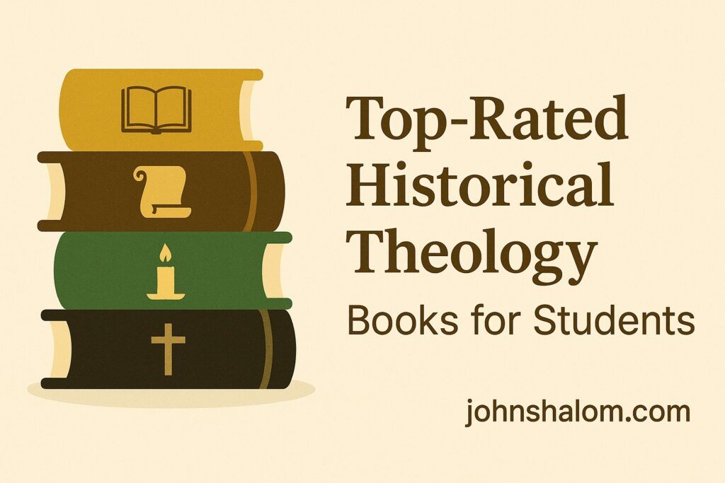 Stack of theology and history books beside a cross, symbolizing learning, reflection, and the study of Christian tradition.