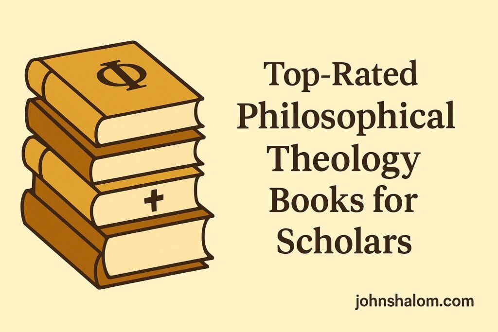 Stack of theology and philosophy books on a wooden desk, symbolizing wisdom, faith, and intellectual exploration.
