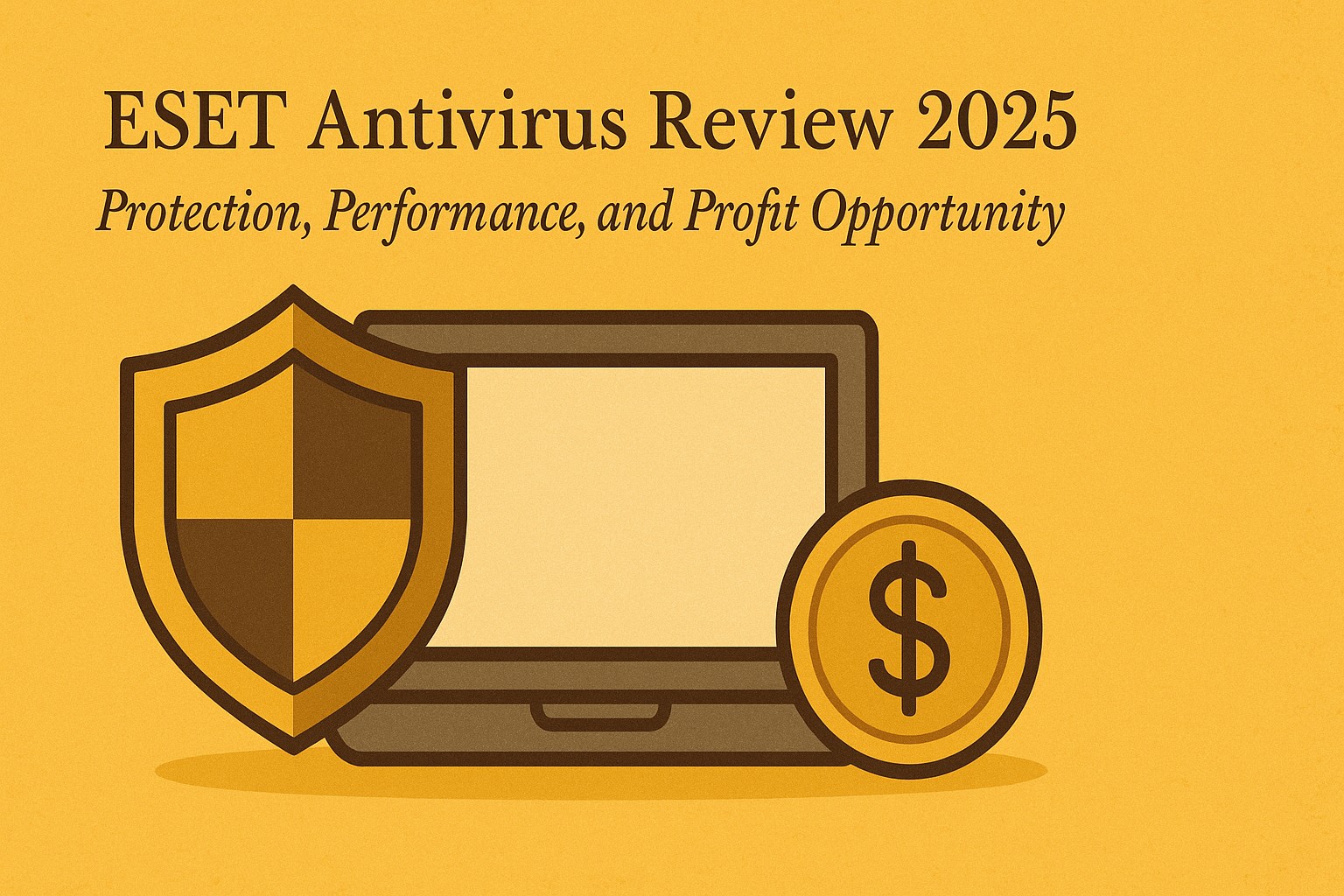 A laptop screen displaying ESET Antivirus dashboard with security shields and performance stats