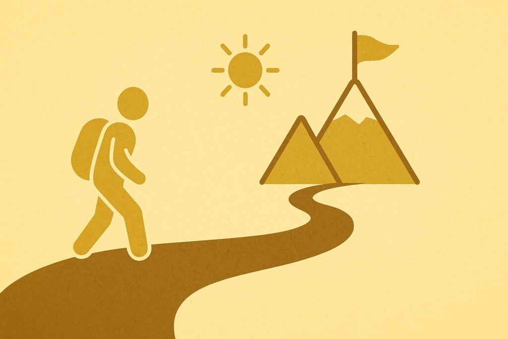 A man with his backpack walking towards the sun and the city on the horizon, following a path.