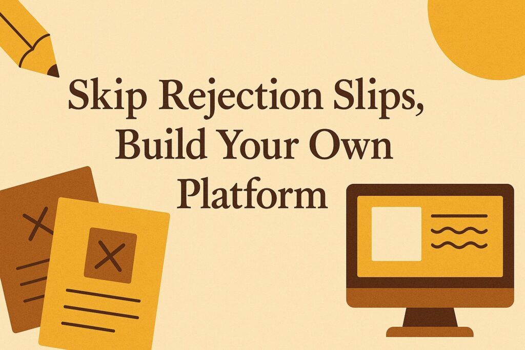 An independent author working on a laptop surrounded by self-publishing tools and notes