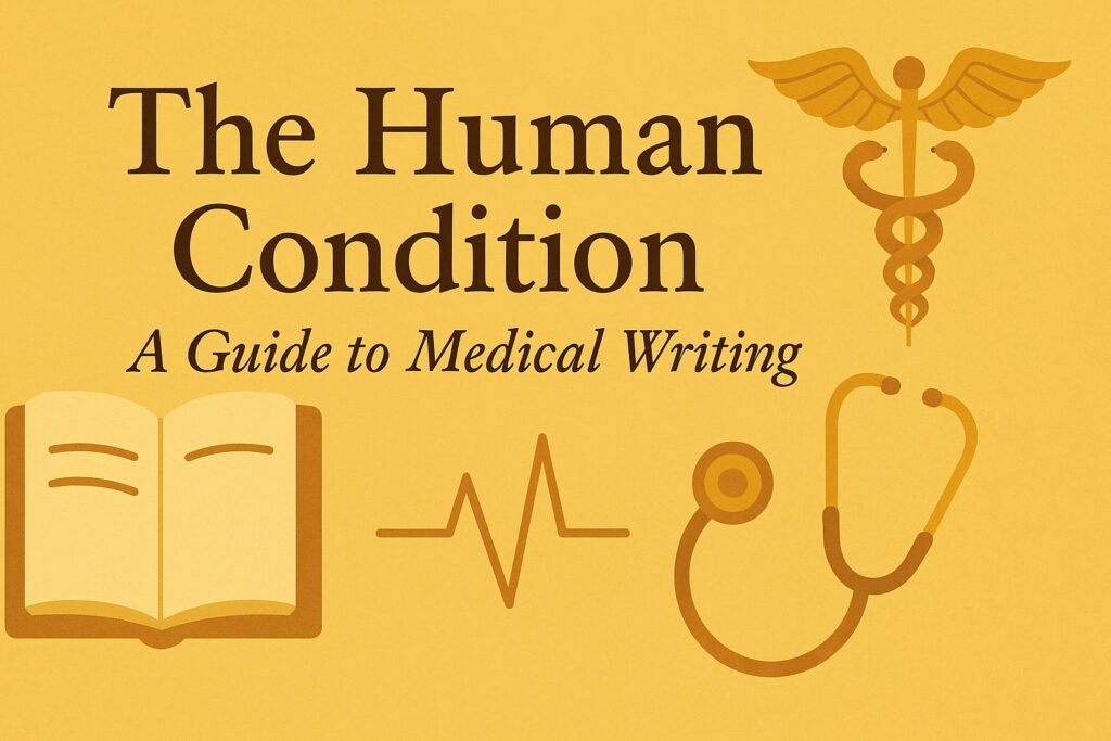 A medical writer typing research notes beside a stethoscope and medical journal