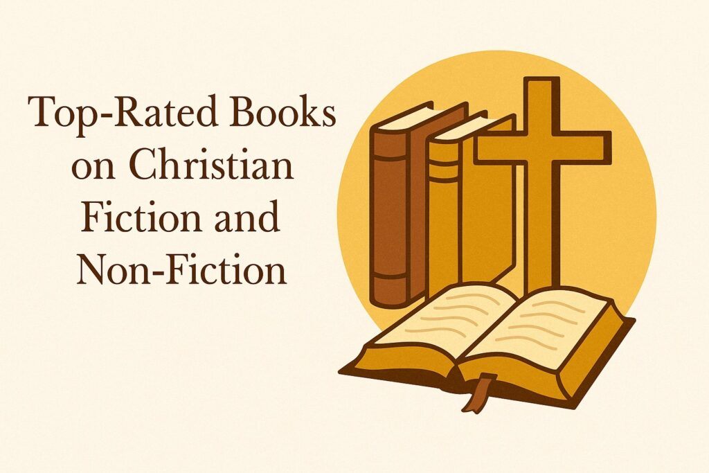 Stack of highly rated Christian fiction and non-fiction books on a wooden table