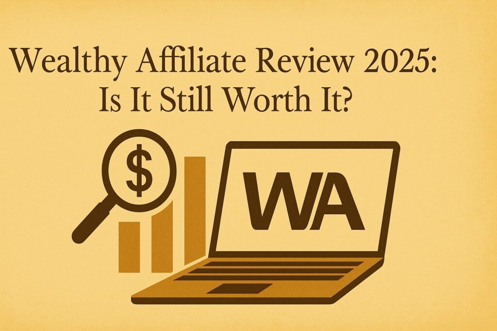 A laptop screen showing the Wealthy Affiliate dashboard with analytics and training modules open