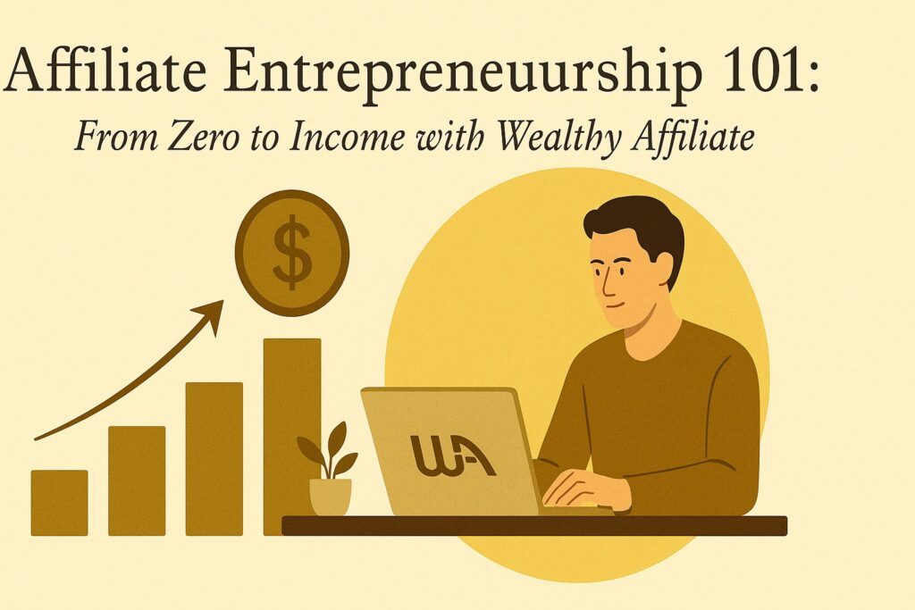 A laptop displaying the Wealthy Affiliate dashboard beside a notebook labeled Affiliate Goals