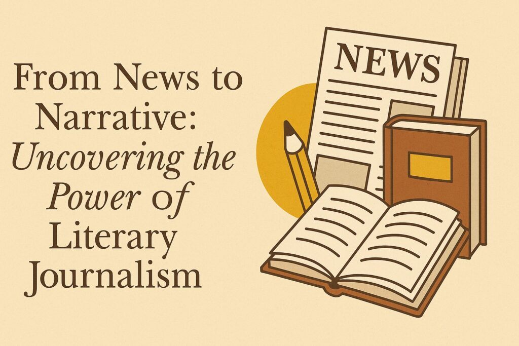 A journalist writing notes beside a camera and open notebook in a newsroom setting