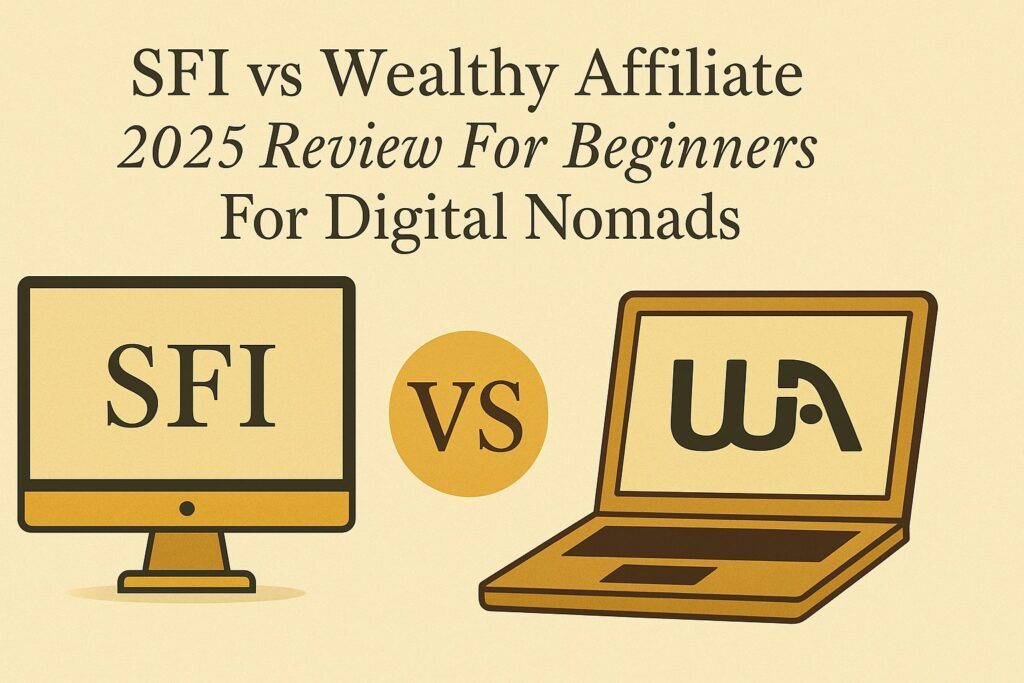 A digital nomad working on a laptop at a beach café comparing SFI and Wealthy Affiliate platforms
