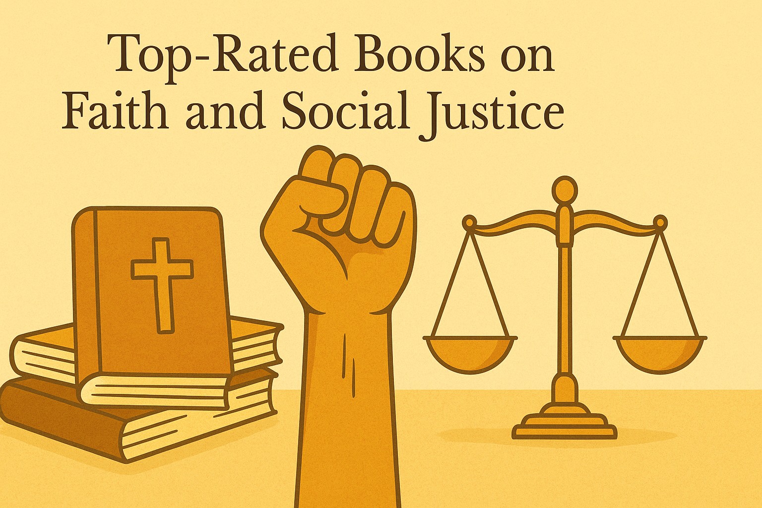 A Bible, protest sign, and justice-themed books arranged on a wooden table