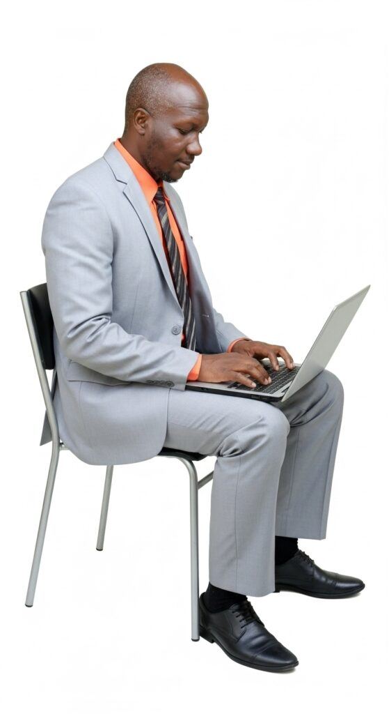 Author John Monyjok Maluth writing with his laptop while seated on his office chair, wearing his gray suits.