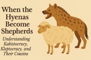 A group of hyenas symbolically guarding sheep under a dark political sky