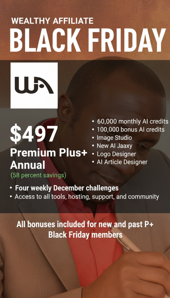 A clean promotional design with the Wealthy Affiliate Black Friday 2025 branding, featuring dark tones, bold highlights, and clear call-to-action elements, symbolizing WA’s annual discount and training opportunity.