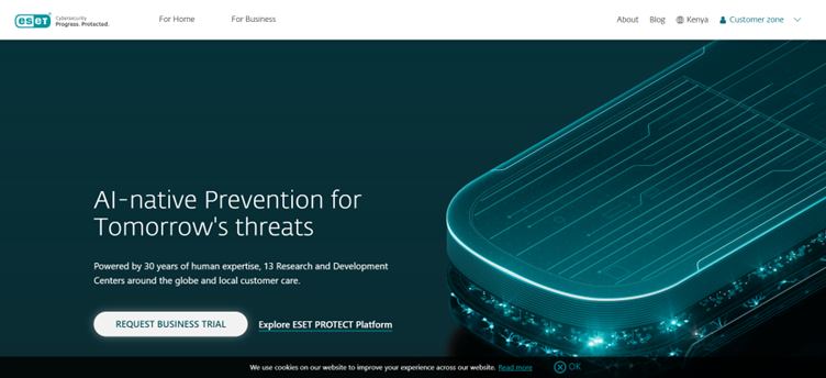 A computer screen displaying the ESET security dashboard with system scan details, protection status icons, and real-time threat monitoring, symbolizing the use of ESET to guard devices and important work. The scene reflects safety, vigilance, and digital protection.