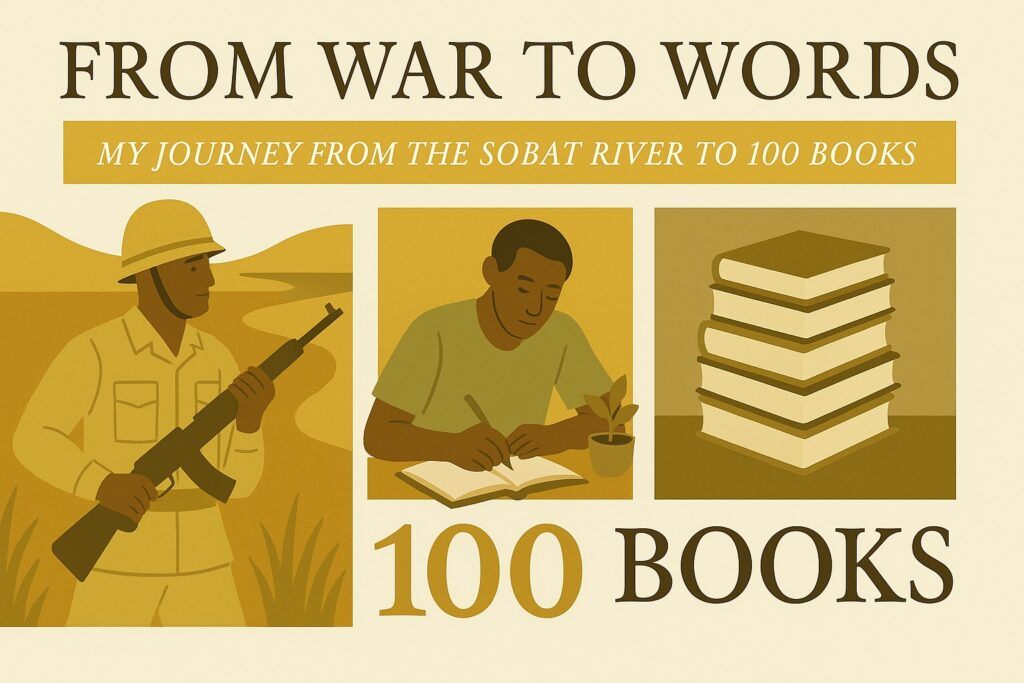 An author writing beside a river with a stack of books symbolizing a journey from war to wisdom