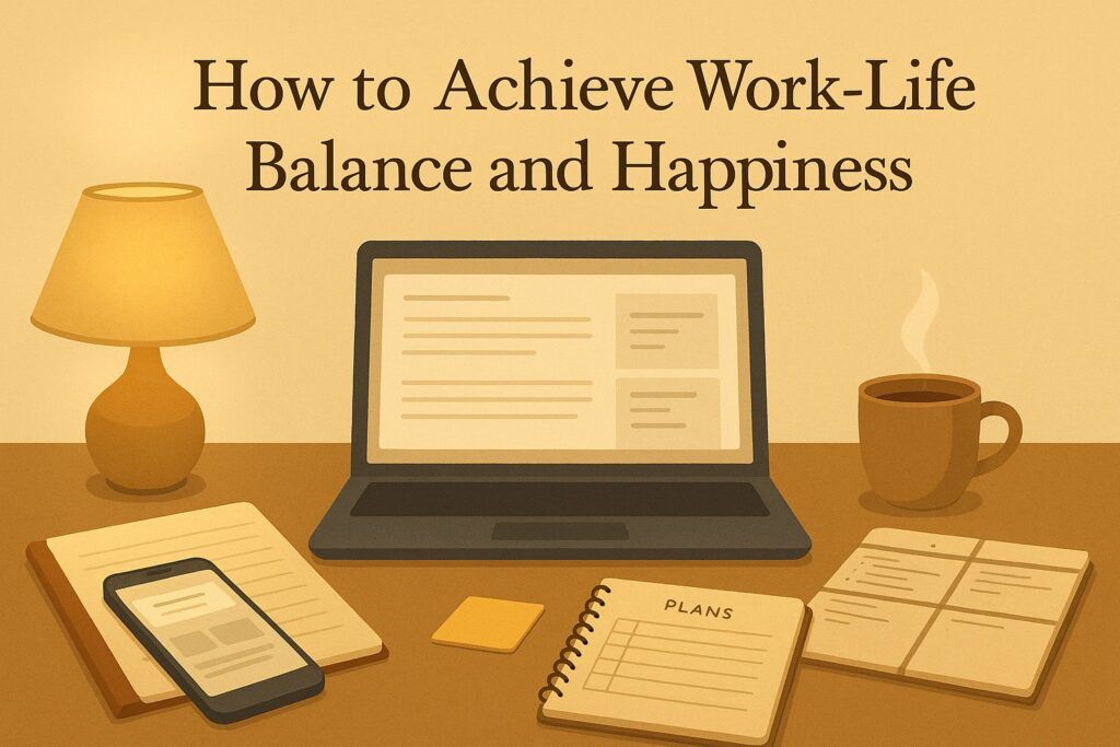 A peaceful home workspace with a laptop, planner, warm light, and a cup of tea, symbolizing the practice of creating work-life balance and nurturing personal happiness. The scene reflects calm, clarity, and intentional living.