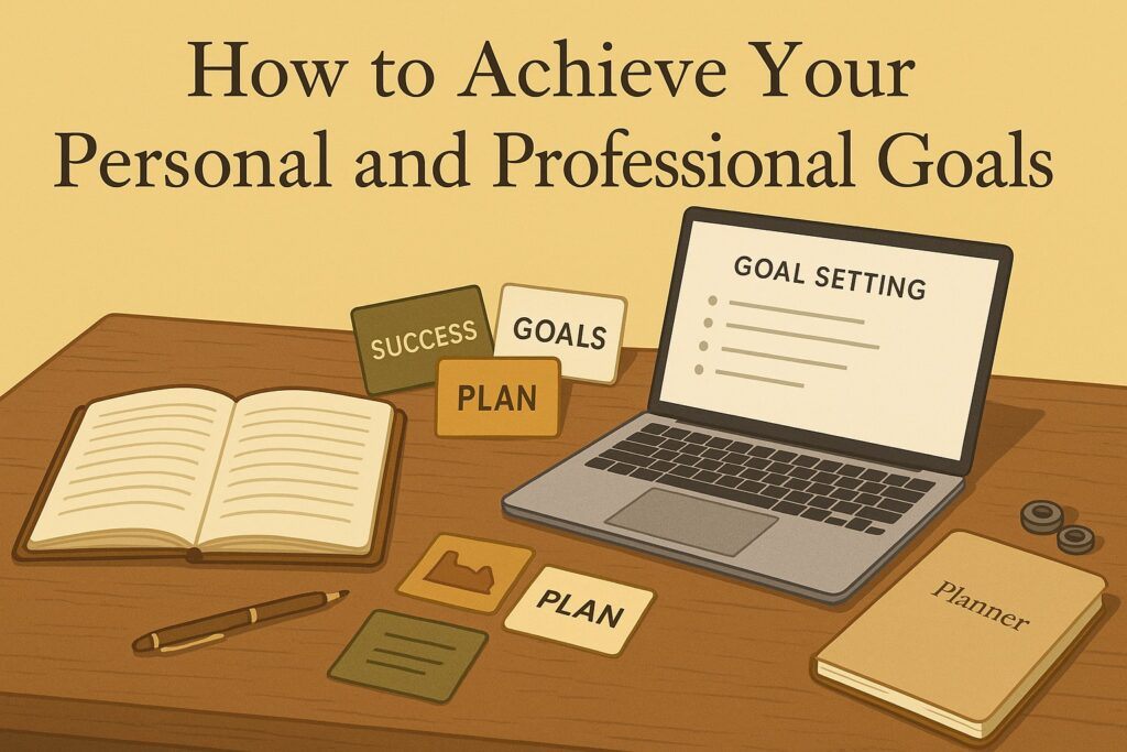 A focused workspace with a journal, goal-setting cards, a laptop, and a tidy planner, symbolizing the process of achieving personal and professional goals. The scene reflects clarity, intention, and steady progress.