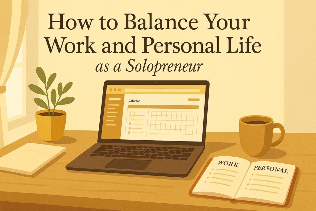 A peaceful home office with a laptop, planner, and warm natural light, showing the balance between work tasks and personal time for a solopreneur. The scene reflects calm focus, planning, and healthy boundaries.