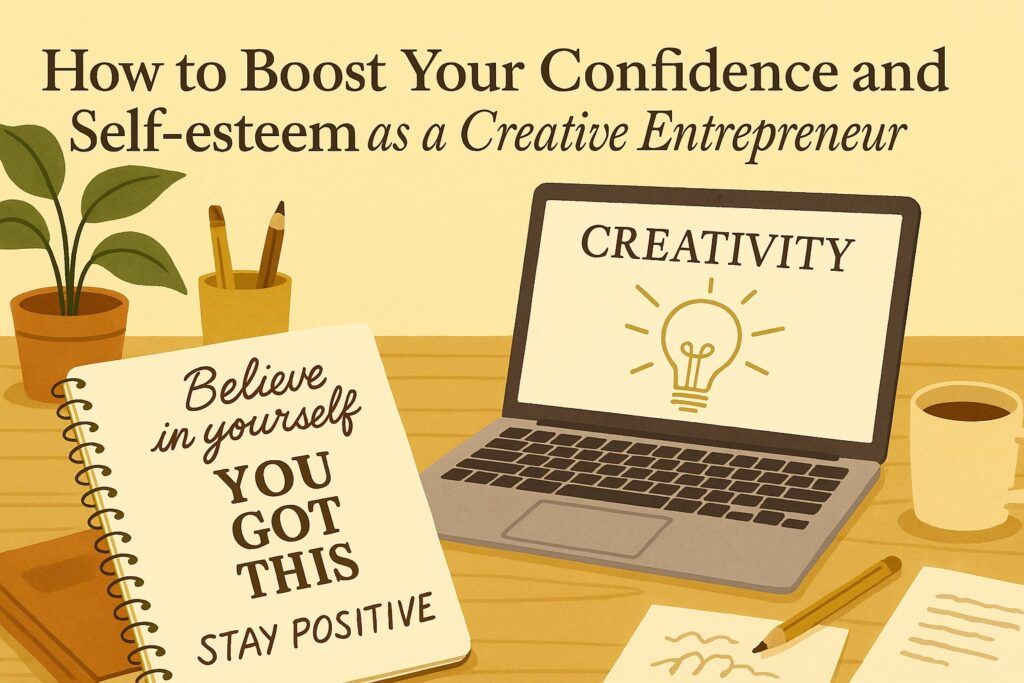 A bright creative desk with a laptop, sketchbook, and handwritten affirmations, symbolizing the journey of building confidence and self-esteem as a creative entrepreneur. The scene reflects courage, clarity, and steady self-growth.