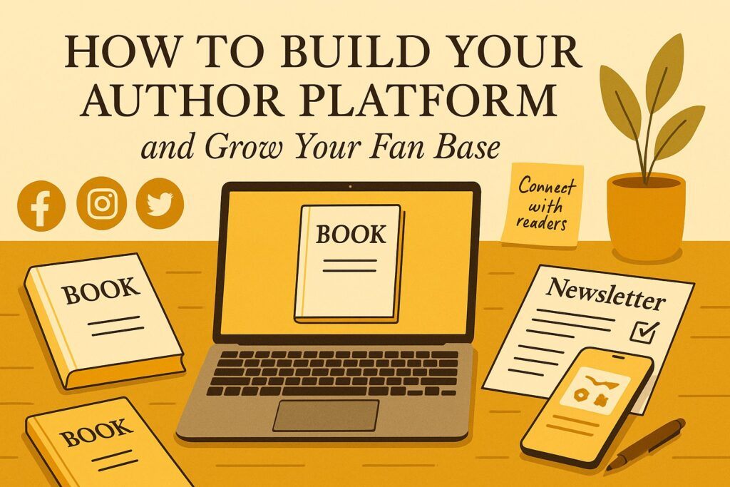 A writer’s workspace with a laptop, social media icons, email newsletter drafts, and book mockups, symbolizing the process of building an author platform and growing a fan base. The scene reflects connection, consistency, and reader engagement.
