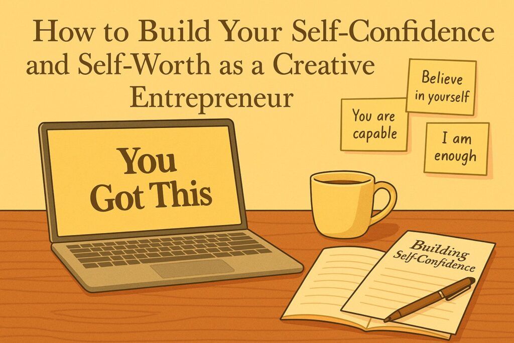 A warm creative workspace with a laptop, affirmations on sticky notes, and an open journal, symbolizing the journey of building self-confidence and self-worth as a creative entrepreneur. The scene reflects inner strength, clarity, and personal growth.