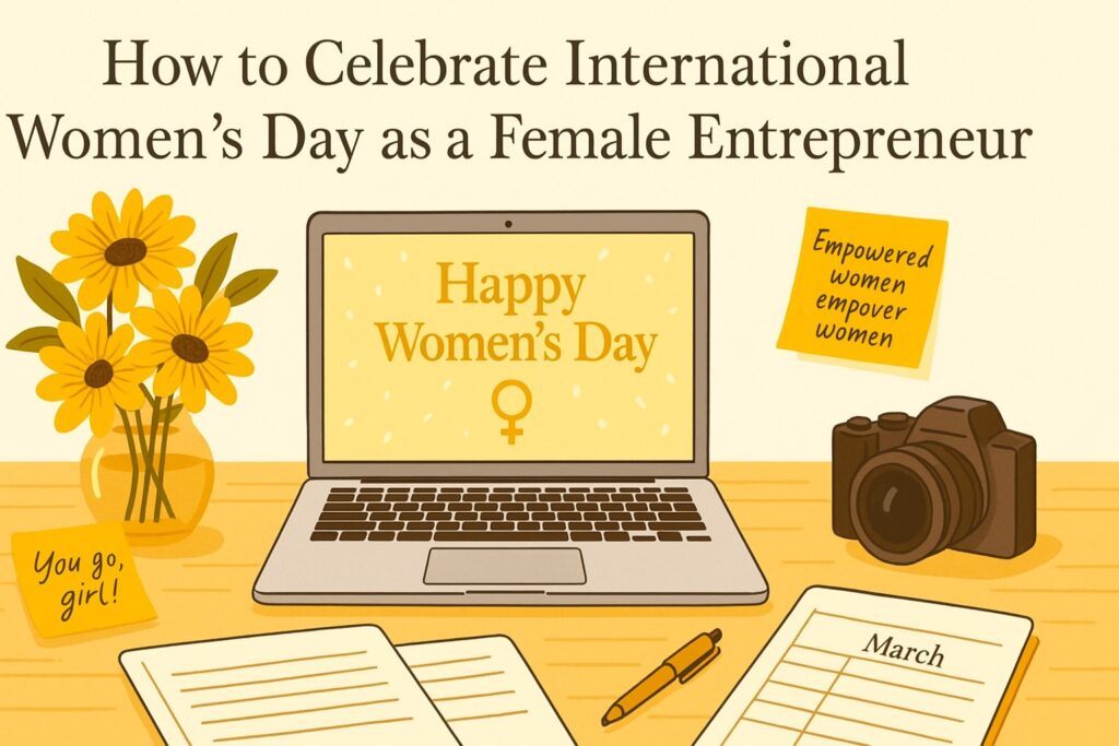 A bright workspace with a laptop, flowers, planner, and inspiring notes, symbolizing a female entrepreneur preparing to celebrate International Women’s Day. The scene reflects empowerment, recognition, and intentional reflection.