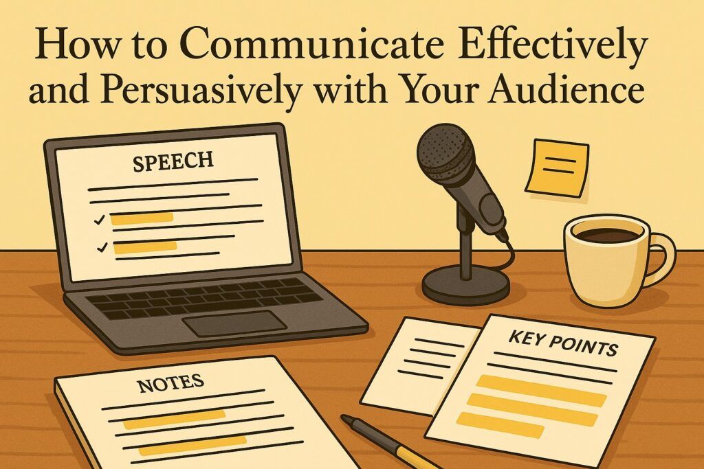 A communication-focused workspace with a laptop, speech notes, highlighted key points, and a microphone, symbolizing the practice of communicating effectively and persuasively with an audience. The scene reflects clarity, intention, and audience awareness.