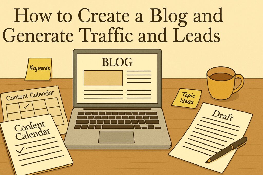 A blogging workspace with a laptop, content calendar, keyword notes, and drafted articles, symbolizing the process of creating a blog and generating traffic and leads. The scene reflects planning, clarity, and strategic writing.