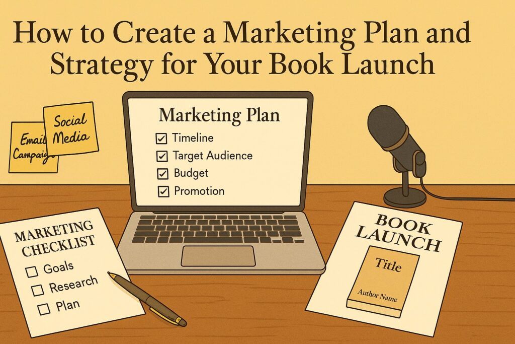 A book launch planning desk with a laptop, marketing checklist, sticky notes, and a draft book cover, symbolizing the creation of a detailed marketing plan and strategy. The scene reflects structure, organization, and promotional focus.
