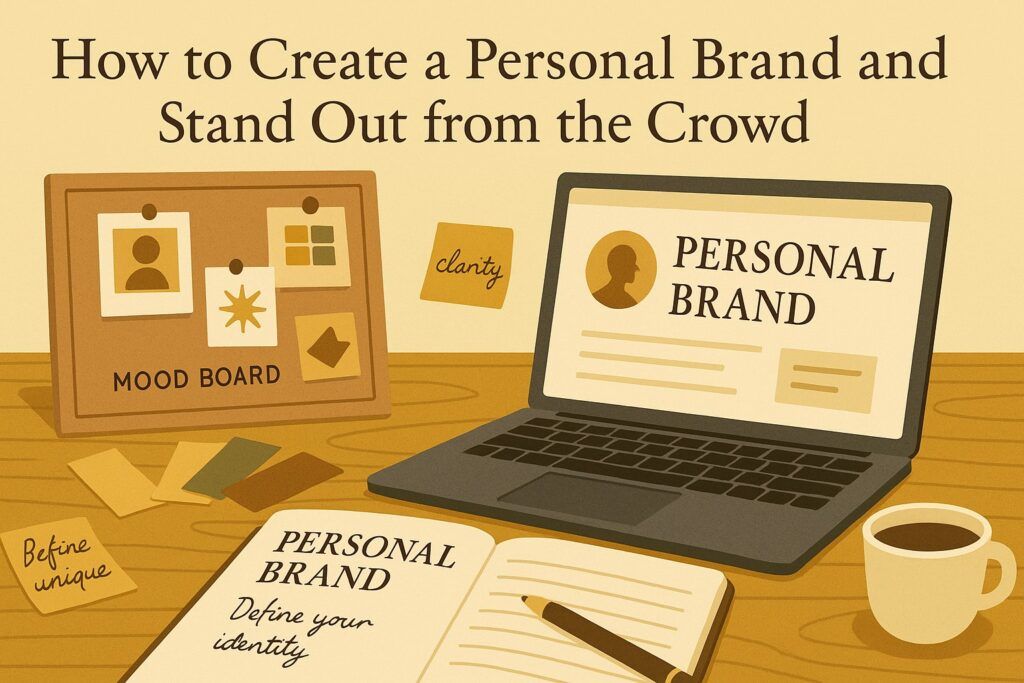 A creative workspace with a laptop, mood board, color swatches, and handwritten notes, symbolizing the process of building a personal brand that stands out. The scene reflects identity, clarity, and intentional design.