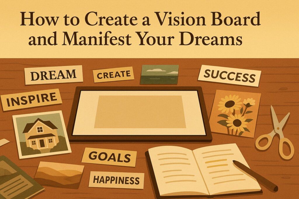 A creative table with magazine cutouts, photos, inspiring words, and a blank board being arranged into a vision board, symbolizing the process of visualizing dreams and setting intentions. The scene reflects clarity, inspiration, and personal direction.