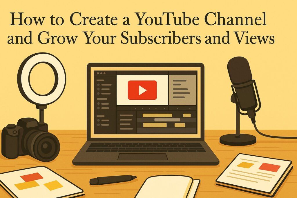 A YouTube creator’s workspace with a camera, microphone, ring light, and a laptop displaying a video editing timeline, symbolizing the process of creating a YouTube channel and growing subscribers and views. The scene reflects creativity, consistency, and audience engagement.