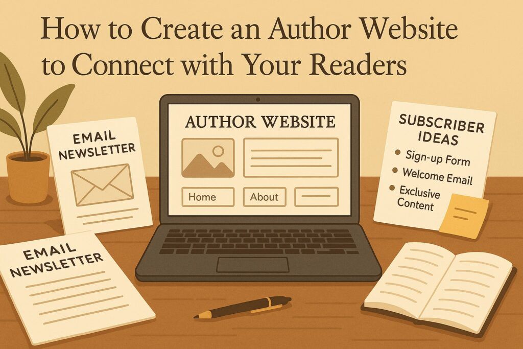 A writer’s workspace with a laptop, website layout drafts, email newsletter templates, and a list of subscriber ideas, symbolizing the process of creating an author website and newsletter. The scene reflects connection, clarity, and reader-focused communication.