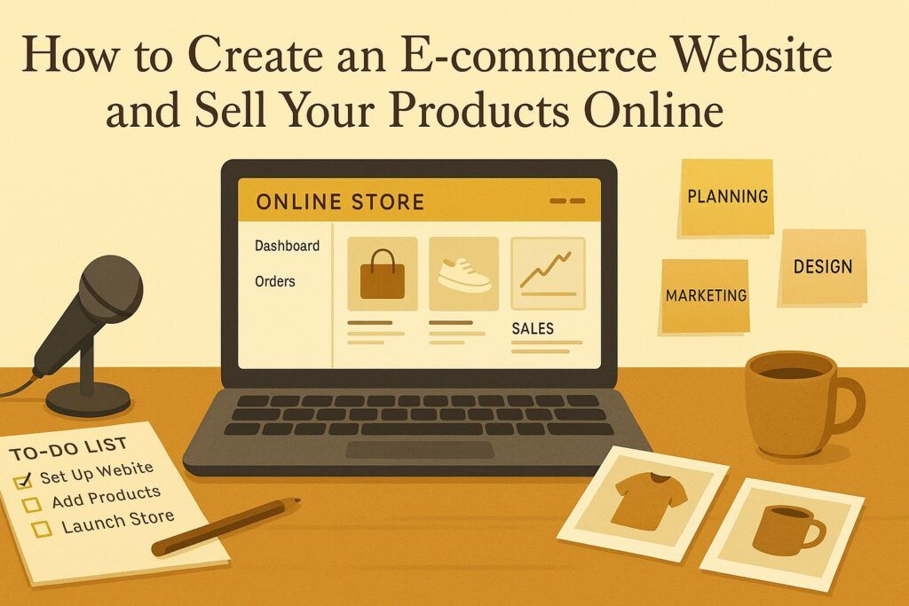 An online store workspace with a laptop displaying an e-commerce dashboard, product photos, and organized planning notes, symbolizing the process of creating an e-commerce website and selling products online. The scene reflects setup, structure, and steady business growth.