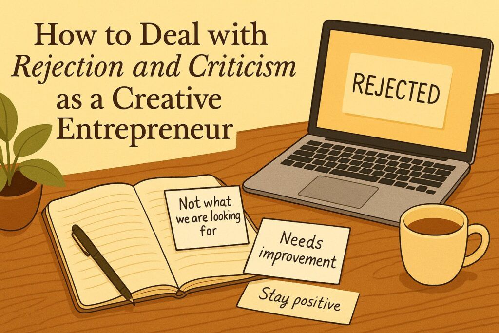 A creative workspace with a laptop, journal, and handwritten notes expressing feedback, symbolizing the emotional process of handling rejection and criticism as a creative entrepreneur. The scene reflects resilience, reflection, and inner strength.