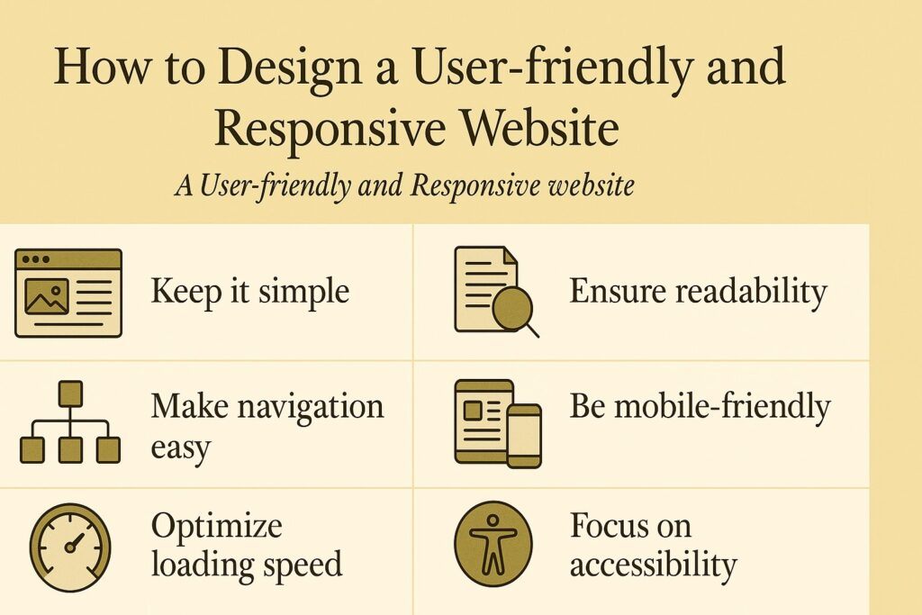 A clean digital workspace showing a laptop screen with layout grids and wireframes, symbolizing the process of creating a user-friendly and responsive website. The scene highlights clarity, structure, and modern design.
