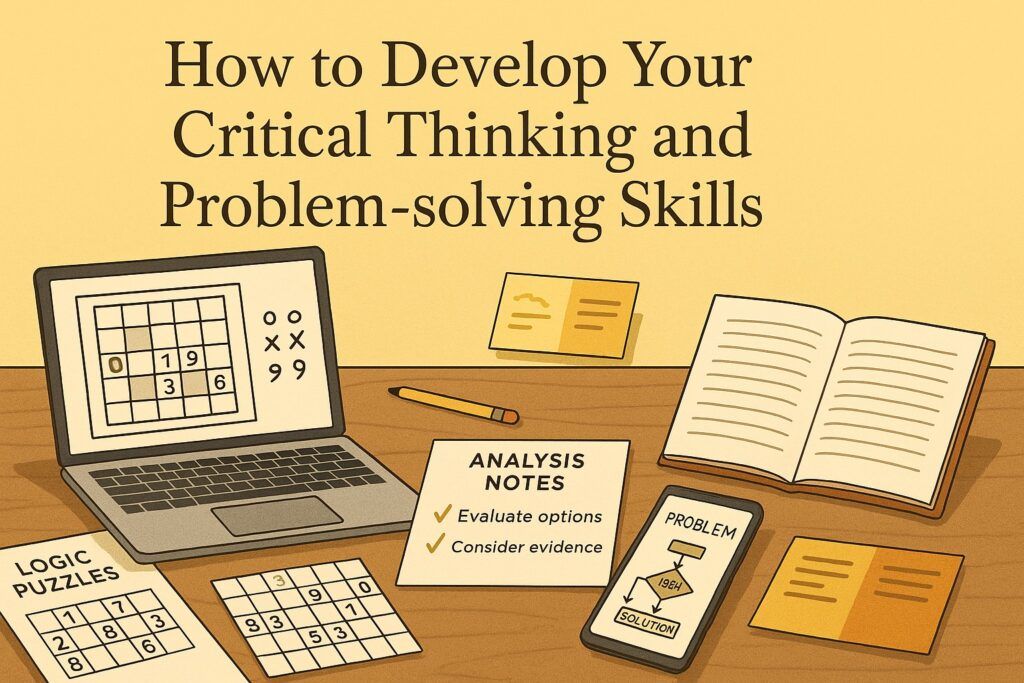 A focused workspace with a laptop, logic puzzles, analytical notes, and a structured notebook, symbolizing the process of developing critical thinking and problem-solving skills. The scene reflects clarity, reasoning, and thoughtful analysis.