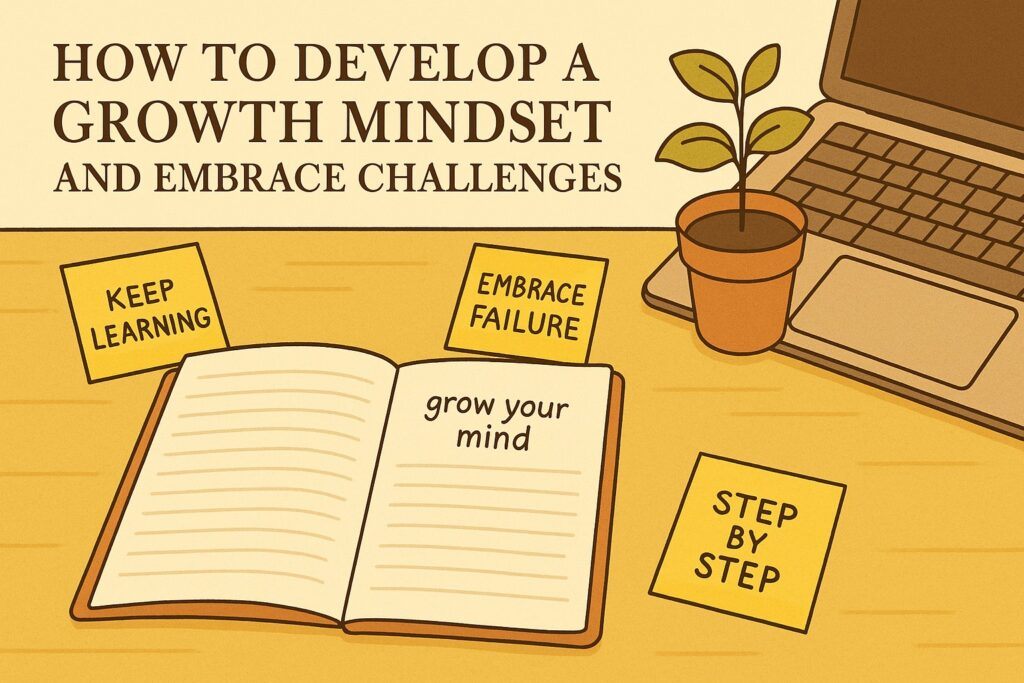 A workspace with an open notebook, motivational notes, and a growing plant beside a laptop, symbolizing the journey of developing a growth mindset and embracing challenges. The scene reflects learning, resilience, and steady progress.
