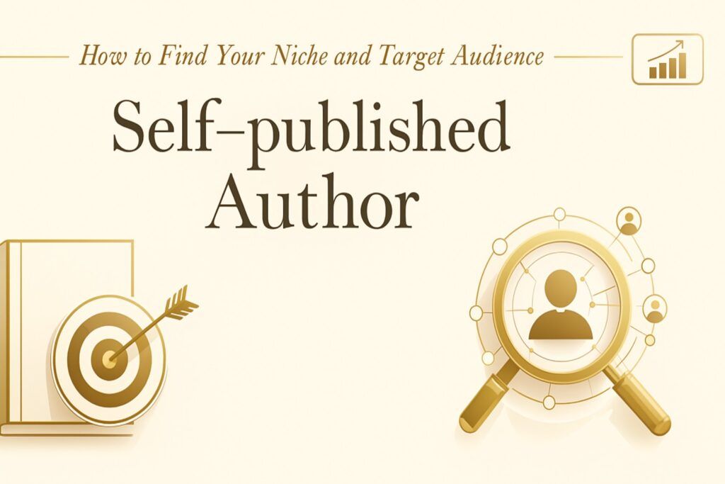 A self-published author’s desk with a laptop, scattered notes, and highlighted brainstorming keywords, symbolizing the search for the right niche and target audience. The scene reflects clarity, research, and personal direction.