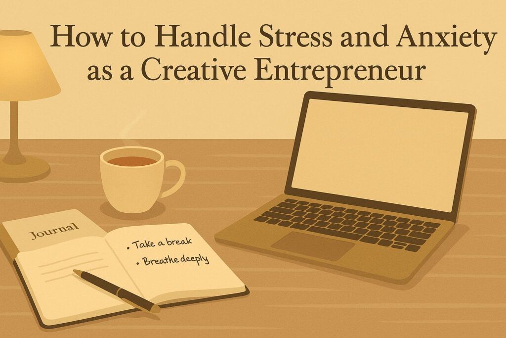 A calming workspace with a journal, soft lighting, a laptop, and a cup of herbal tea, symbolizing the practice of managing stress and anxiety as a creative entrepreneur. The scene reflects grounding, rest, and emotional balance.