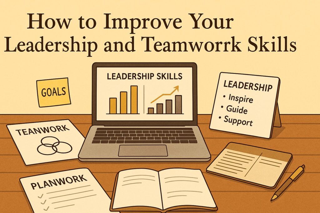 A professional workspace with a laptop, leadership notes, teamwork diagrams, and a planner, symbolizing the effort to strengthen leadership and teamwork skills. The scene reflects growth, collaboration, and intentional development.