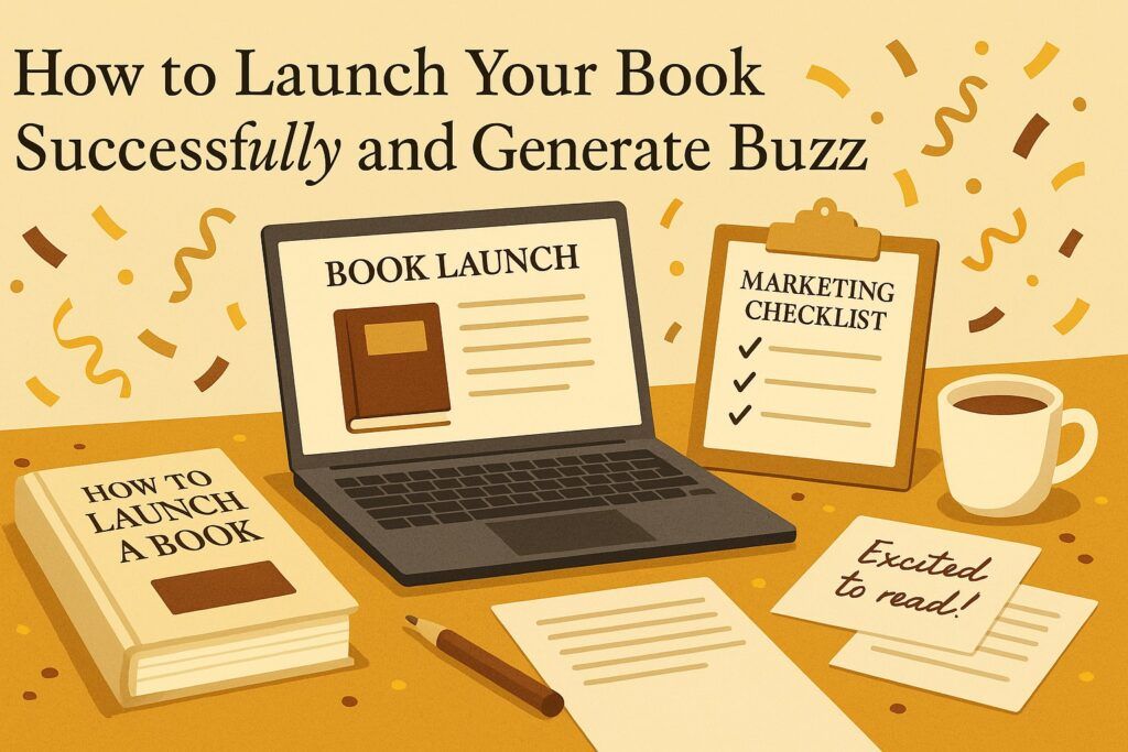 A book launch workspace with a laptop, marketing checklist, confetti elements, and early reader notes, symbolizing the strategy behind launching a book and creating buzz. The scene reflects planning, excitement, and promotional energy.