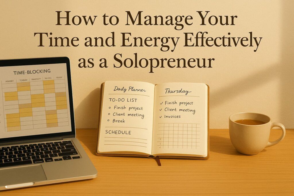 A calm workspace with a laptop, time-blocking planner, and a cup of tea, symbolizing the practice of managing time and energy as a solopreneur. The scene reflects focus, balance, and intentional daily planning.