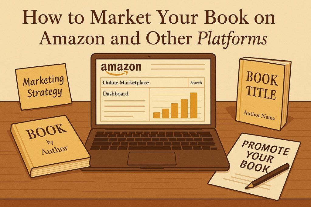 A self-published author’s desk with a laptop open to an online marketplace dashboard, surrounded by marketing notes and book mockups, symbolizing the process of promoting a book on Amazon and other platforms. The scene reflects strategy, visibility, and digital planning.