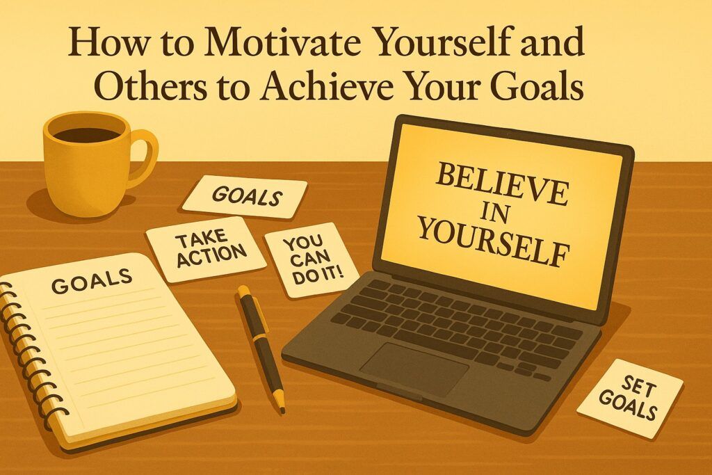 A motivational workspace with a notebook, goal-setting cards, and a laptop displaying an inspiring quote, symbolizing the process of motivating yourself and others to reach important goals. The scene reflects focus, encouragement, and shared purpose.