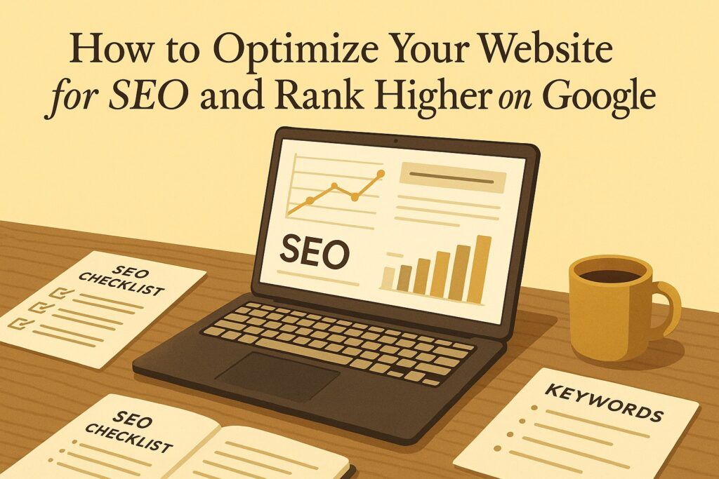 A digital workspace with a laptop displaying analytics charts and keyword tools, symbolizing the process of optimizing a website for SEO to improve Google rankings. The scene reflects strategy, analysis, and focused improvement.