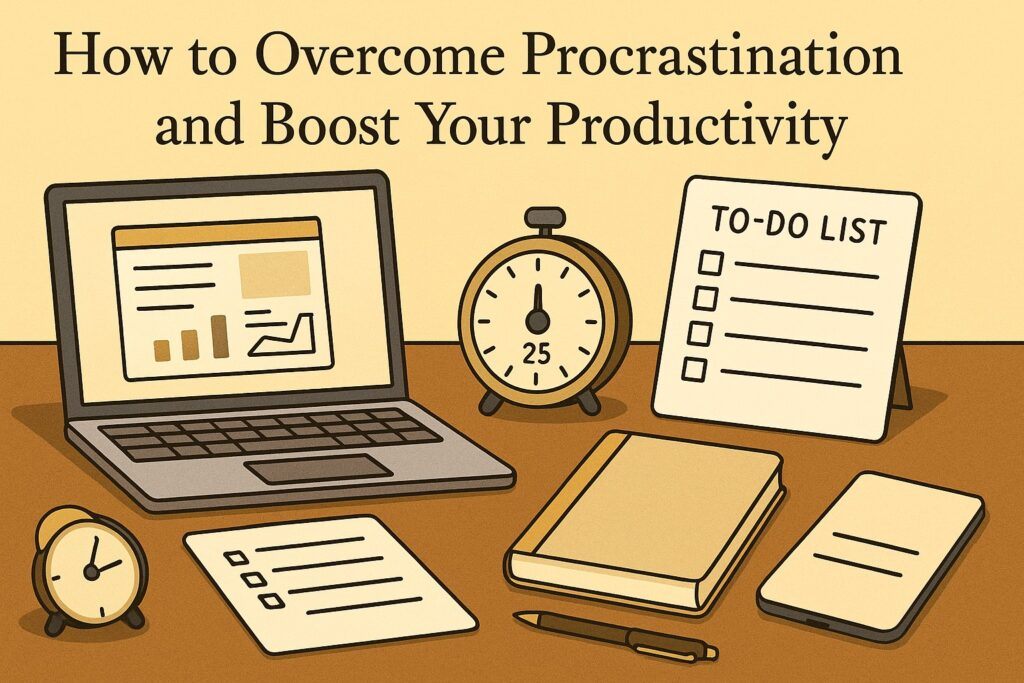 A focused workspace with a laptop, a timer, a to-do list, and a clean notebook, symbolizing the effort to overcome procrastination and improve productivity. The scene reflects structure, clarity, and intentional action.