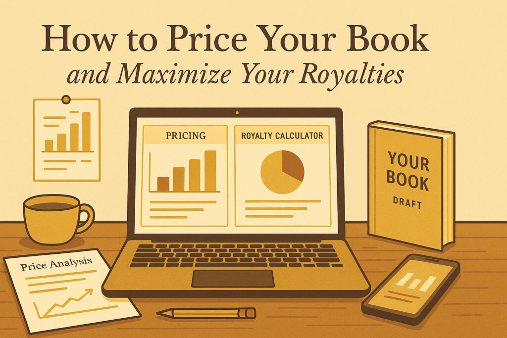 A self-publishing workspace with a laptop, pricing charts, royalty calculators, and a draft book cover, symbolizing the process of setting the right book price to maximize royalties. The scene reflects strategy, clarity, and smart financial planning.